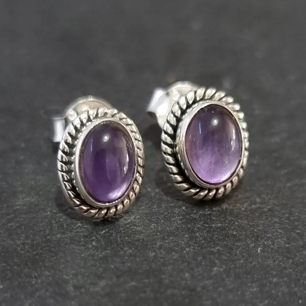 Boho Oval Amethyst Stud Earrings, 925 Sterling Silver, S4A