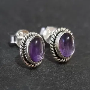 Boho Oval Amethyst Stud Earrings, 925 Sterling Silver, S4A