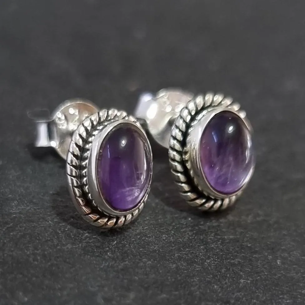 Boho Oval Amethyst Stud Earrings, 925 Sterling Silver, S4A