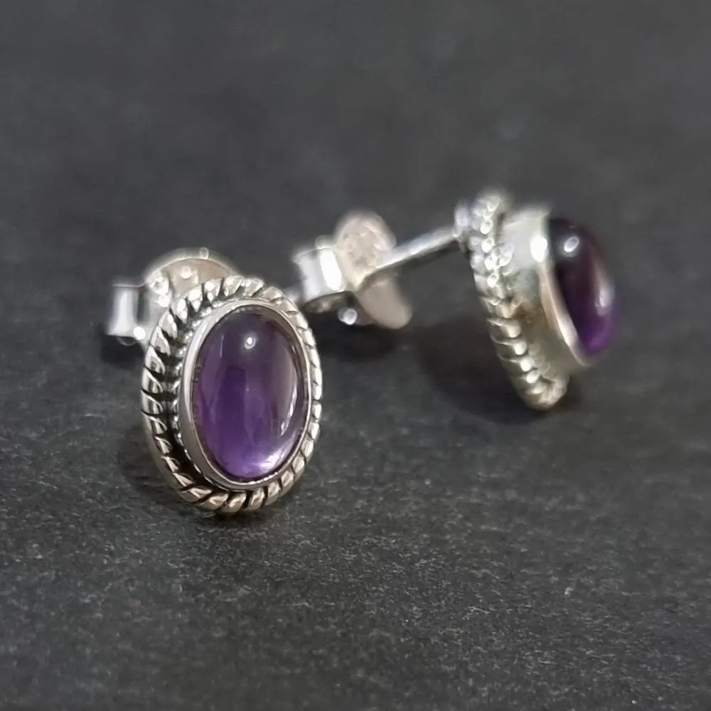 Boho Oval Amethyst Stud Earrings, 925 Sterling Silver, S4A