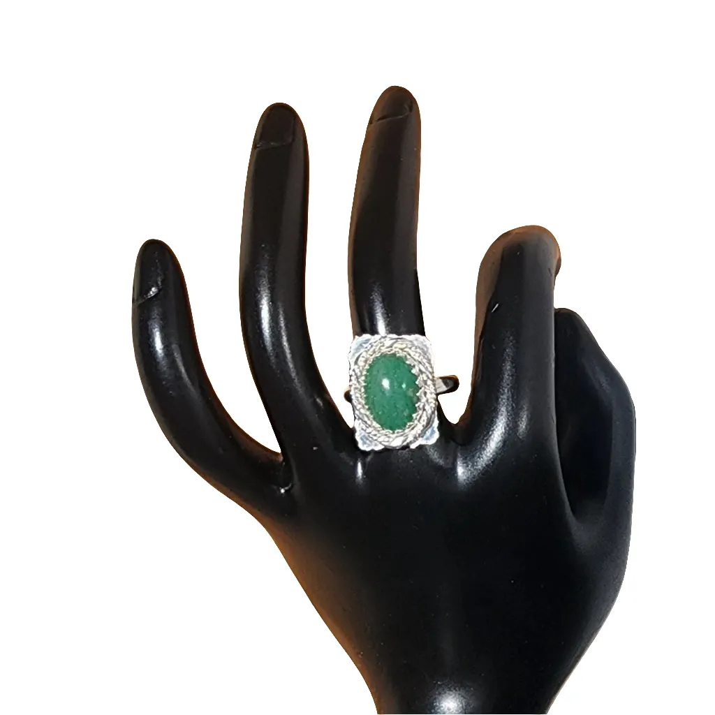 Bold Handmade .925 Sterling Silver Green Aventurine Ring – Twisted Rope Accent & Rugged Plate✨