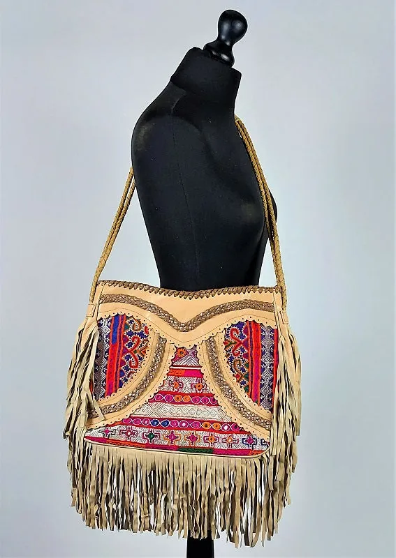 Bonanza shoulder bag in fine leather combined with Oriental vintage fabrics #3