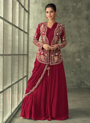 Bridal Red Multi Embroidery Saree Gown With Jacket