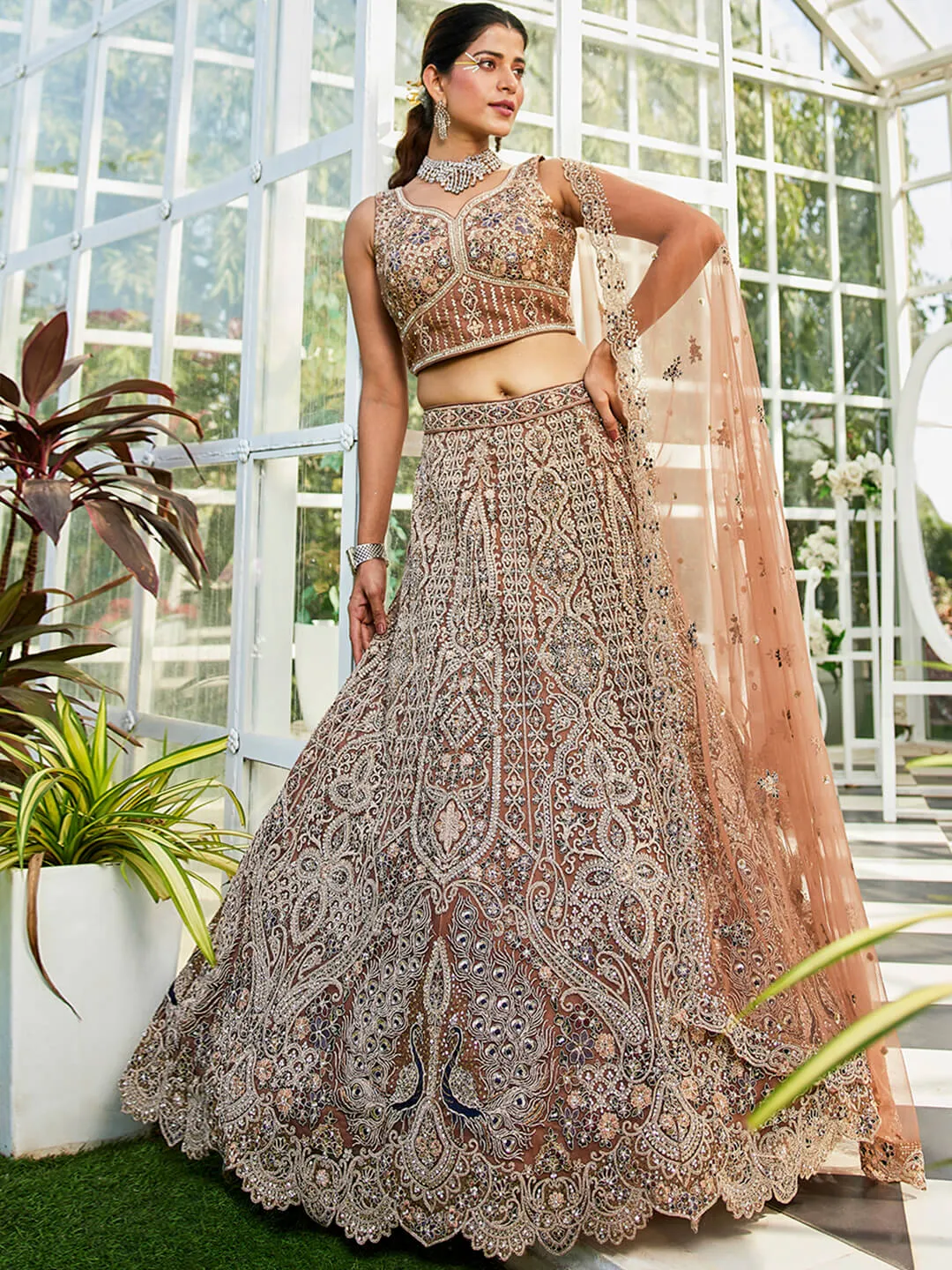 Brown Net with Beads & Zarkan Embroidery Lehenga Choli & Dupatta