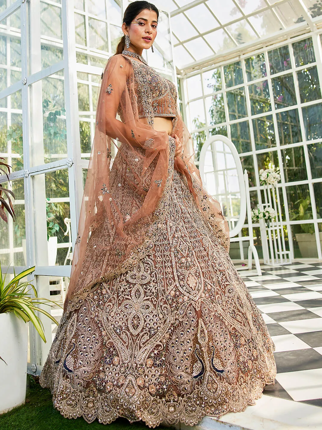 Brown Net with Beads & Zarkan Embroidery Lehenga Choli & Dupatta