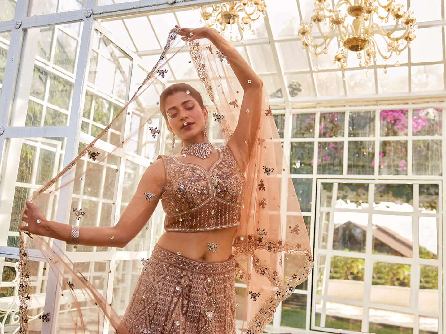 Brown Net with Beads & Zarkan Embroidery Lehenga Choli & Dupatta