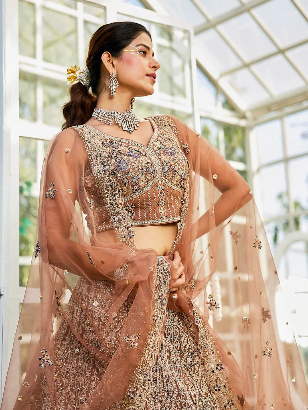Brown Net with Beads & Zarkan Embroidery Lehenga Choli & Dupatta