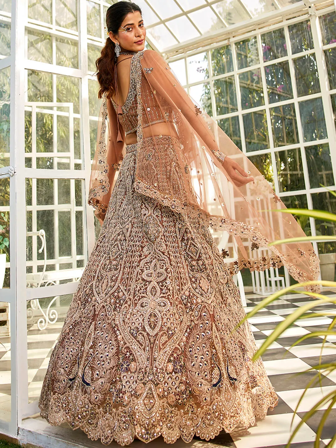 Brown Net with Beads & Zarkan Embroidery Lehenga Choli & Dupatta