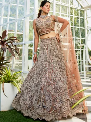 Brown Net with Beads & Zarkan Embroidery Lehenga Choli & Dupatta
