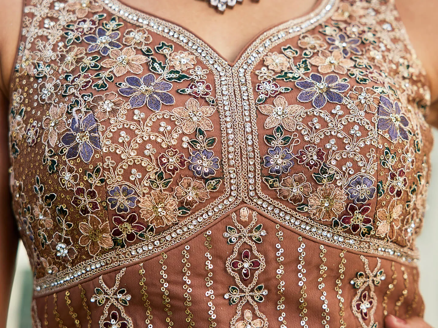 Brown Net with Beads & Zarkan Embroidery Lehenga Choli & Dupatta