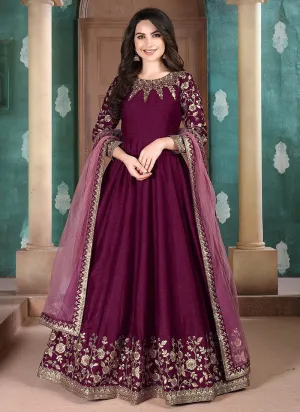 Burgundy Golden Embroidered Anarkali Suit