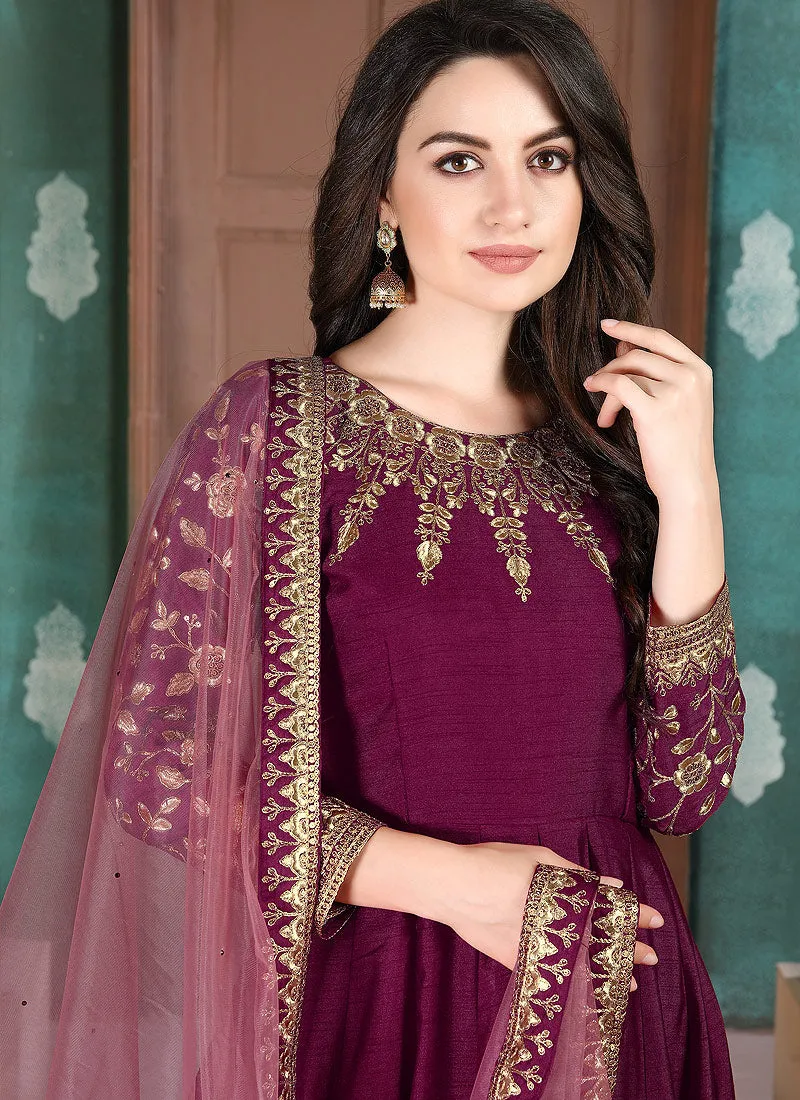 Burgundy Golden Embroidered Anarkali Suit