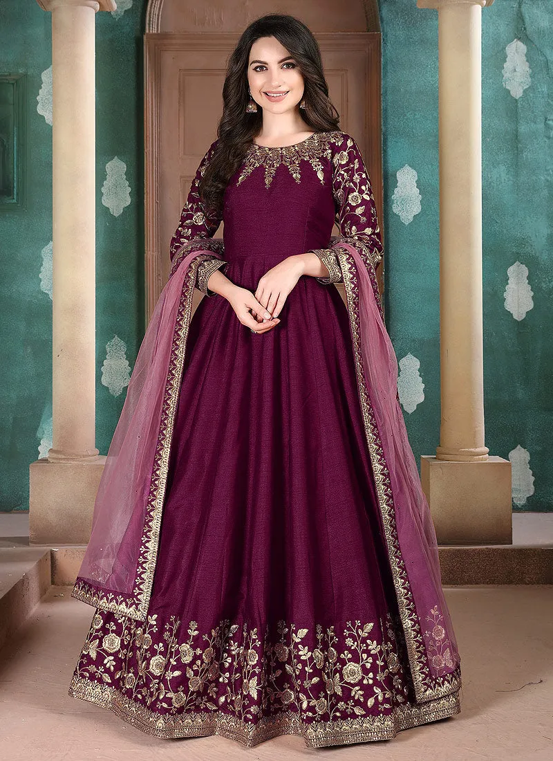 Burgundy Golden Embroidered Anarkali Suit