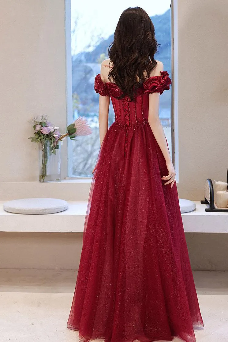 Burgundy Prom Dress Off the Shoulder Tulle Long Evening Dress