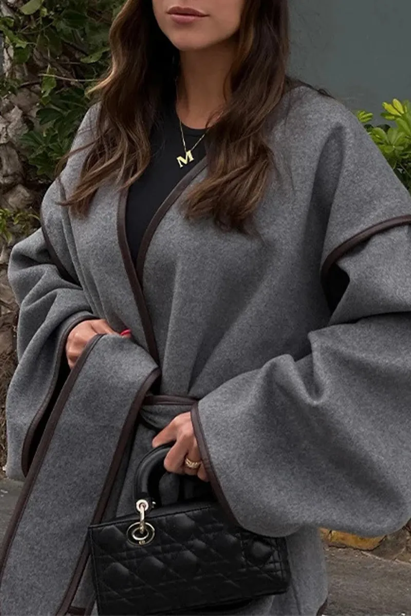 Casual Street Pocket Patchwork With Belt V Neck Outerwear