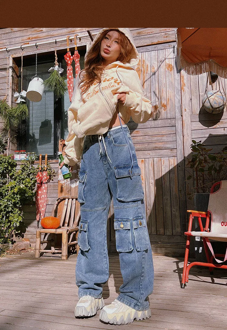 Chasity Denim Jeans Straight Leg High Waisted Cargo Multi Pocket Pants