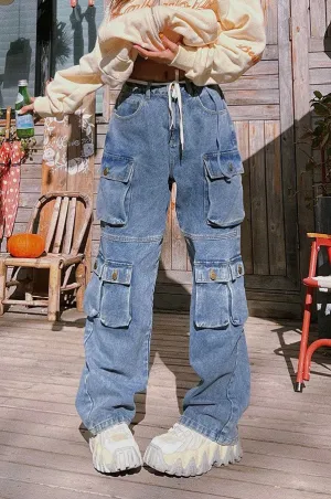 Chasity Denim Jeans Straight Leg High Waisted Cargo Multi Pocket Pants