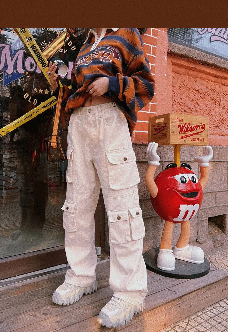 Chasity Denim Jeans Straight Leg High Waisted Cargo Multi Pocket Pants