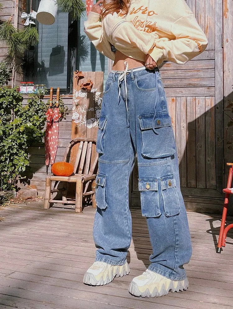Chasity Denim Jeans Straight Leg High Waisted Cargo Multi Pocket Pants