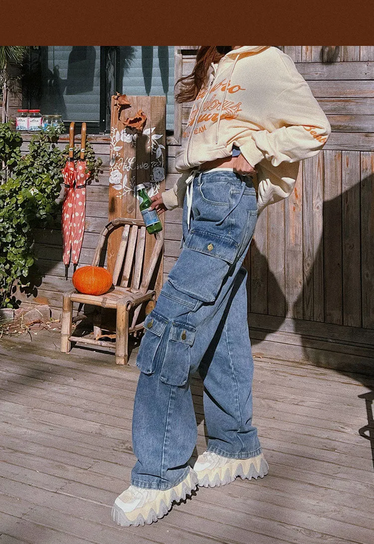 Chasity Denim Jeans Straight Leg High Waisted Cargo Multi Pocket Pants