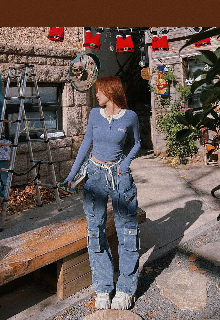 Chasity Denim Jeans Straight Leg High Waisted Cargo Multi Pocket Pants