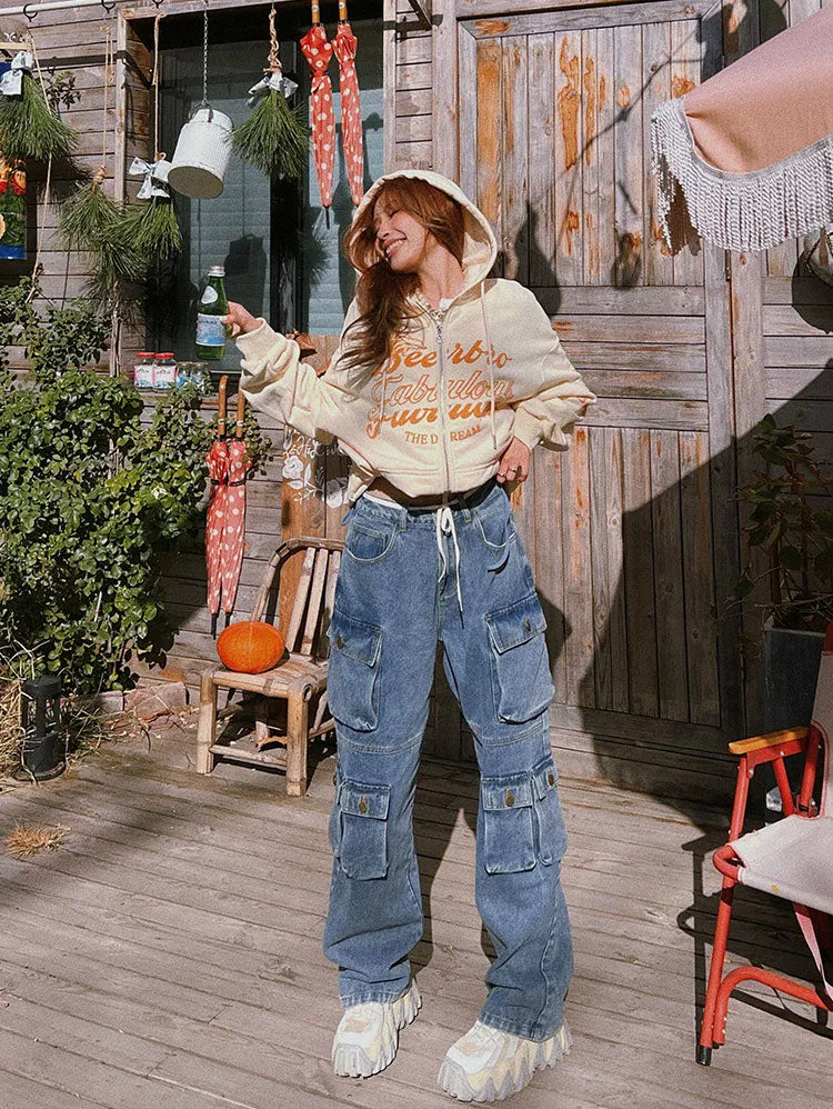 Chasity Denim Jeans Straight Leg High Waisted Cargo Multi Pocket Pants