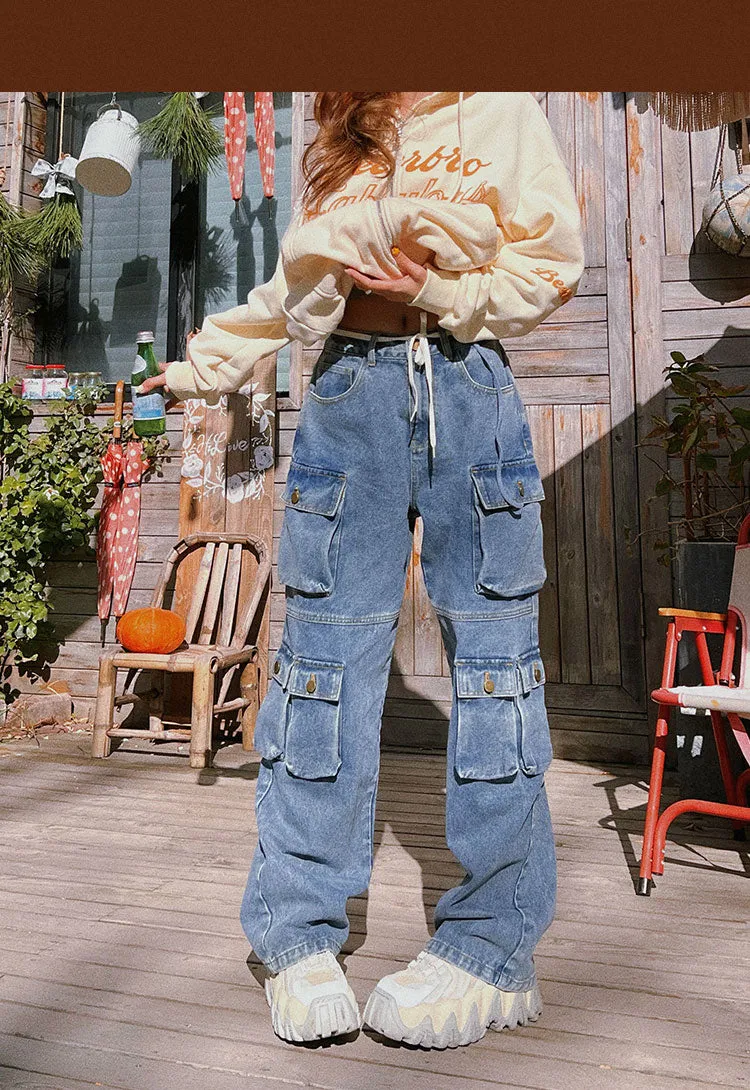 Chasity Denim Jeans Straight Leg High Waisted Cargo Multi Pocket Pants