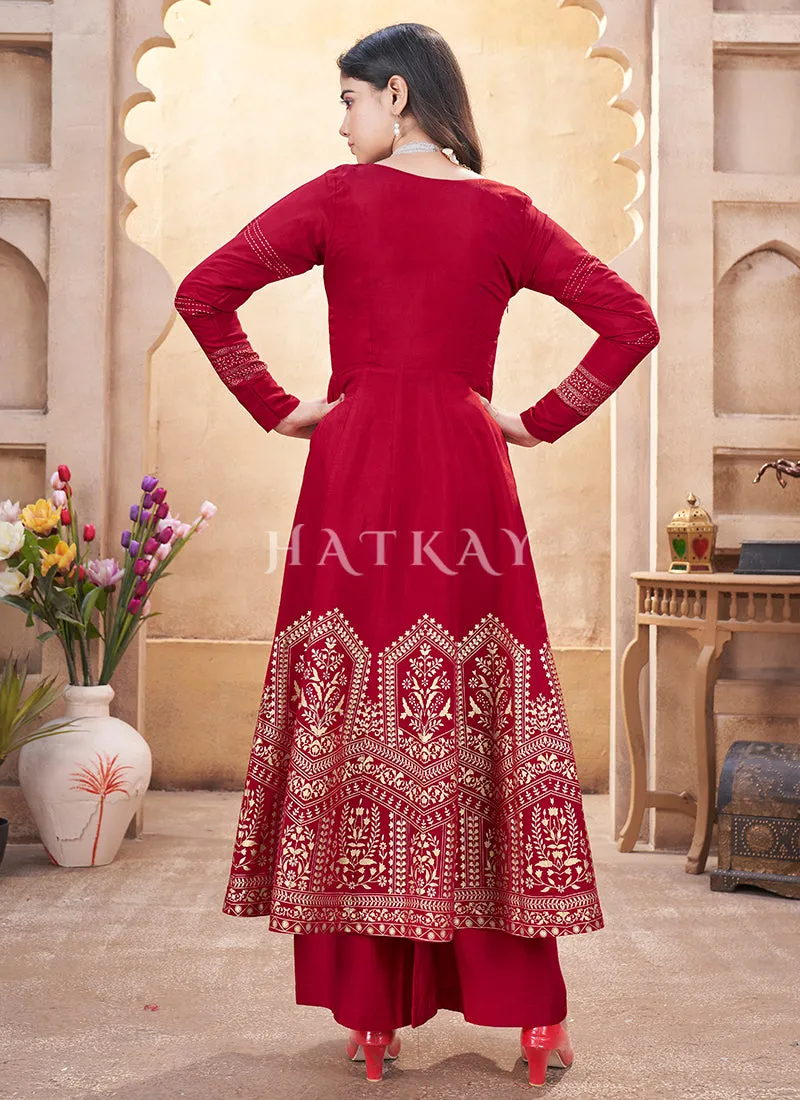 Cherry Red Mirror Work Anarkali Palazzo Suit
