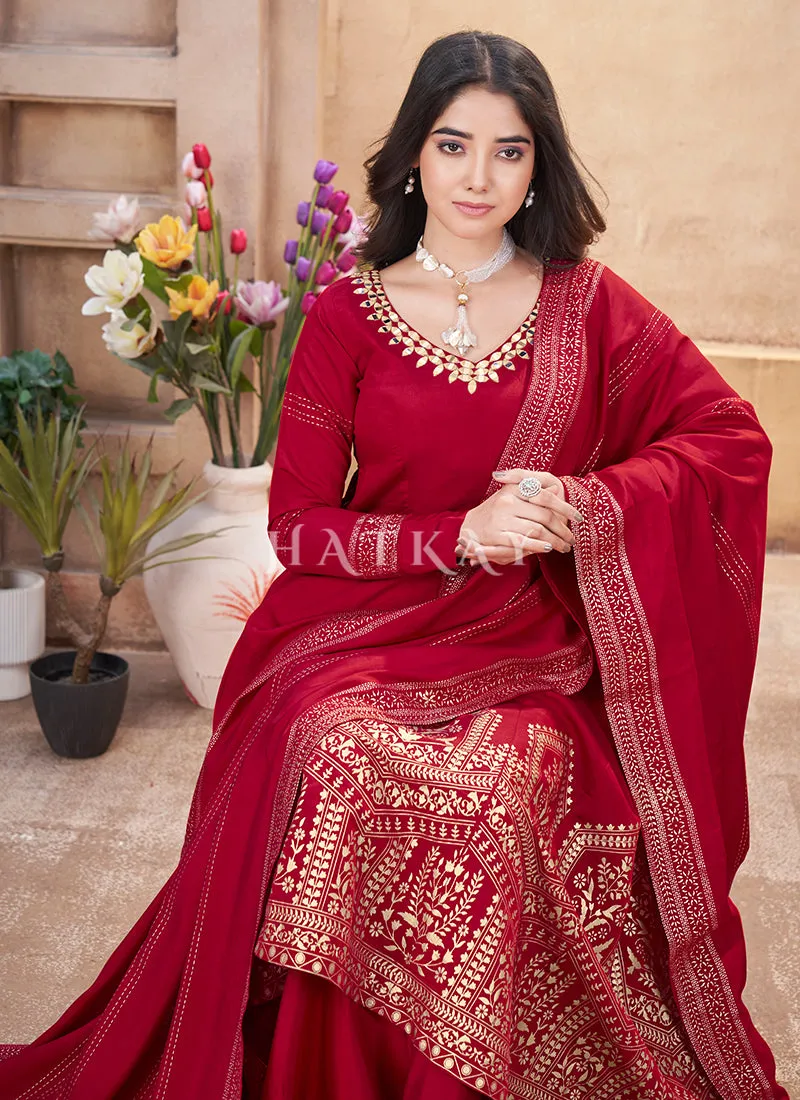 Cherry Red Mirror Work Anarkali Palazzo Suit