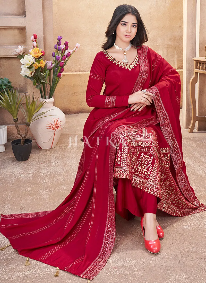 Cherry Red Mirror Work Anarkali Palazzo Suit
