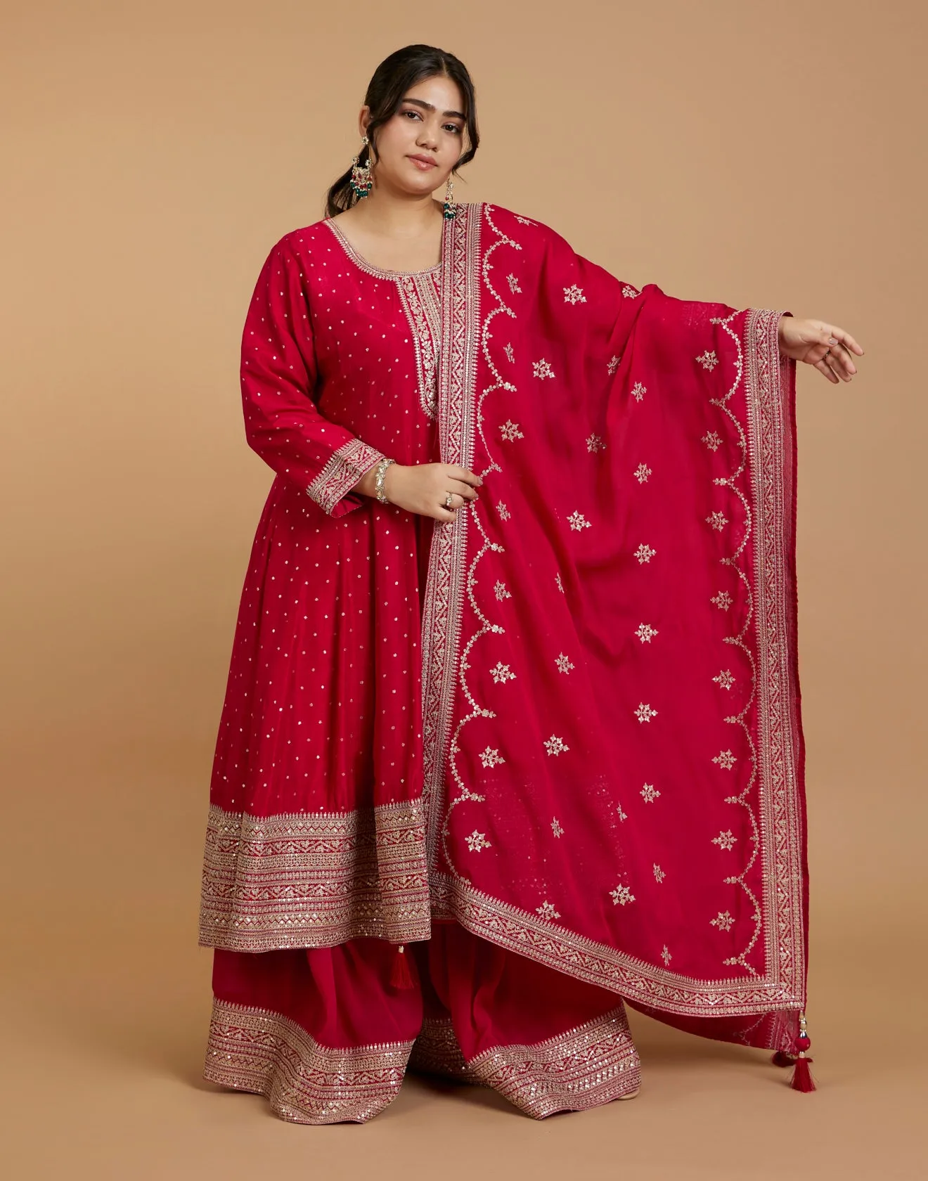 Cherry Red Zari Embroidered Festive Sharara Suit