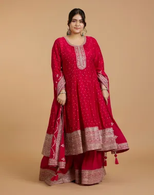 Cherry Red Zari Embroidered Festive Sharara Suit