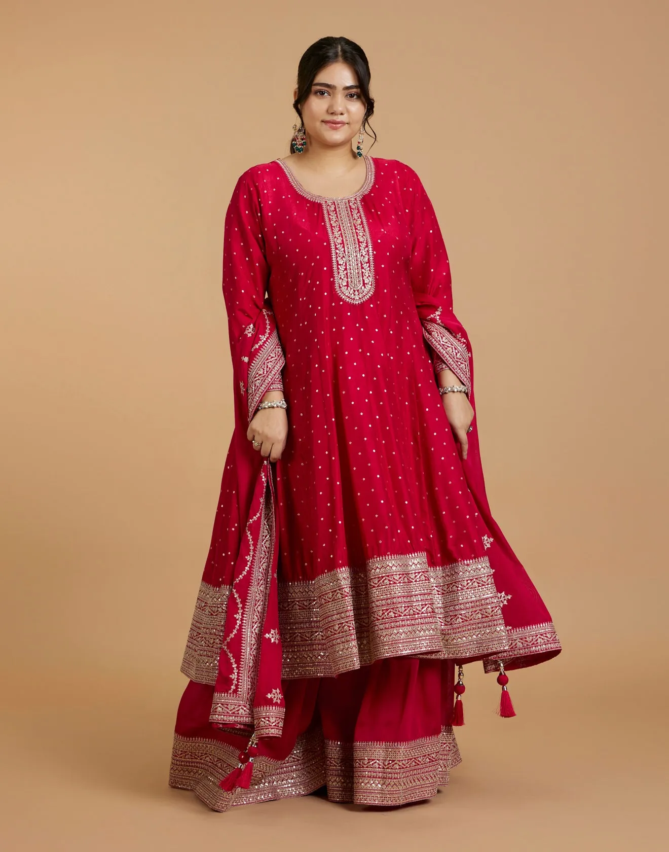 Cherry Red Zari Embroidered Festive Sharara Suit