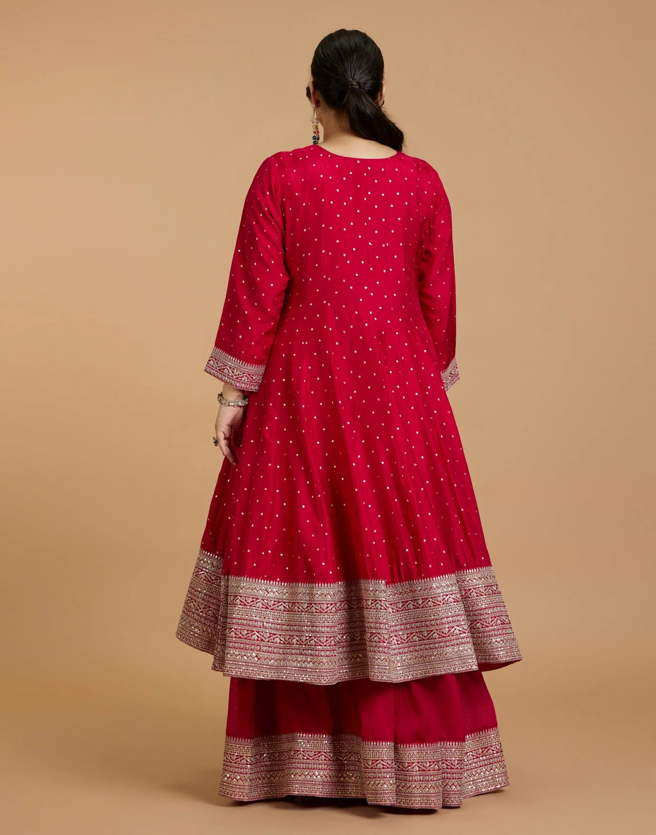 Cherry Red Zari Embroidered Festive Sharara Suit