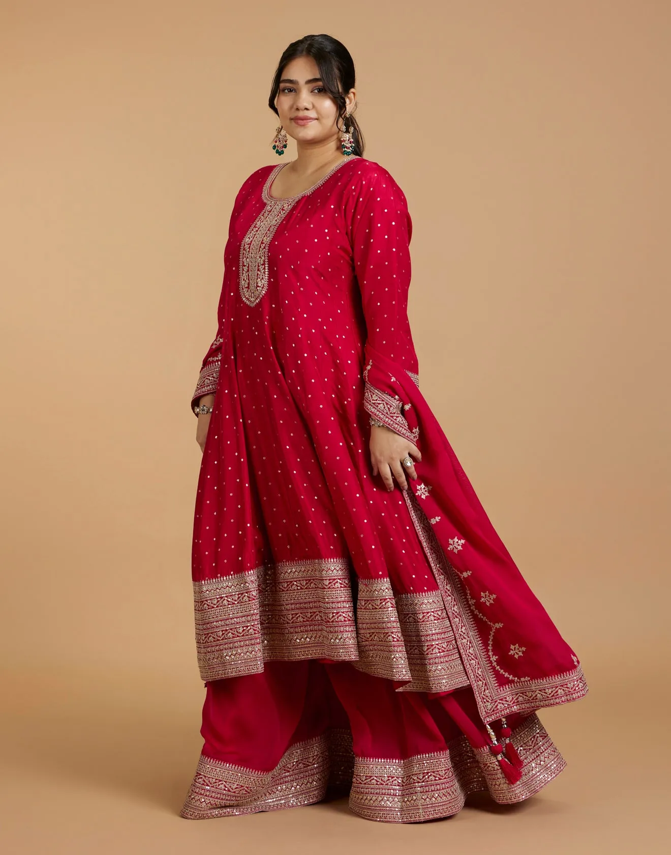 Cherry Red Zari Embroidered Festive Sharara Suit