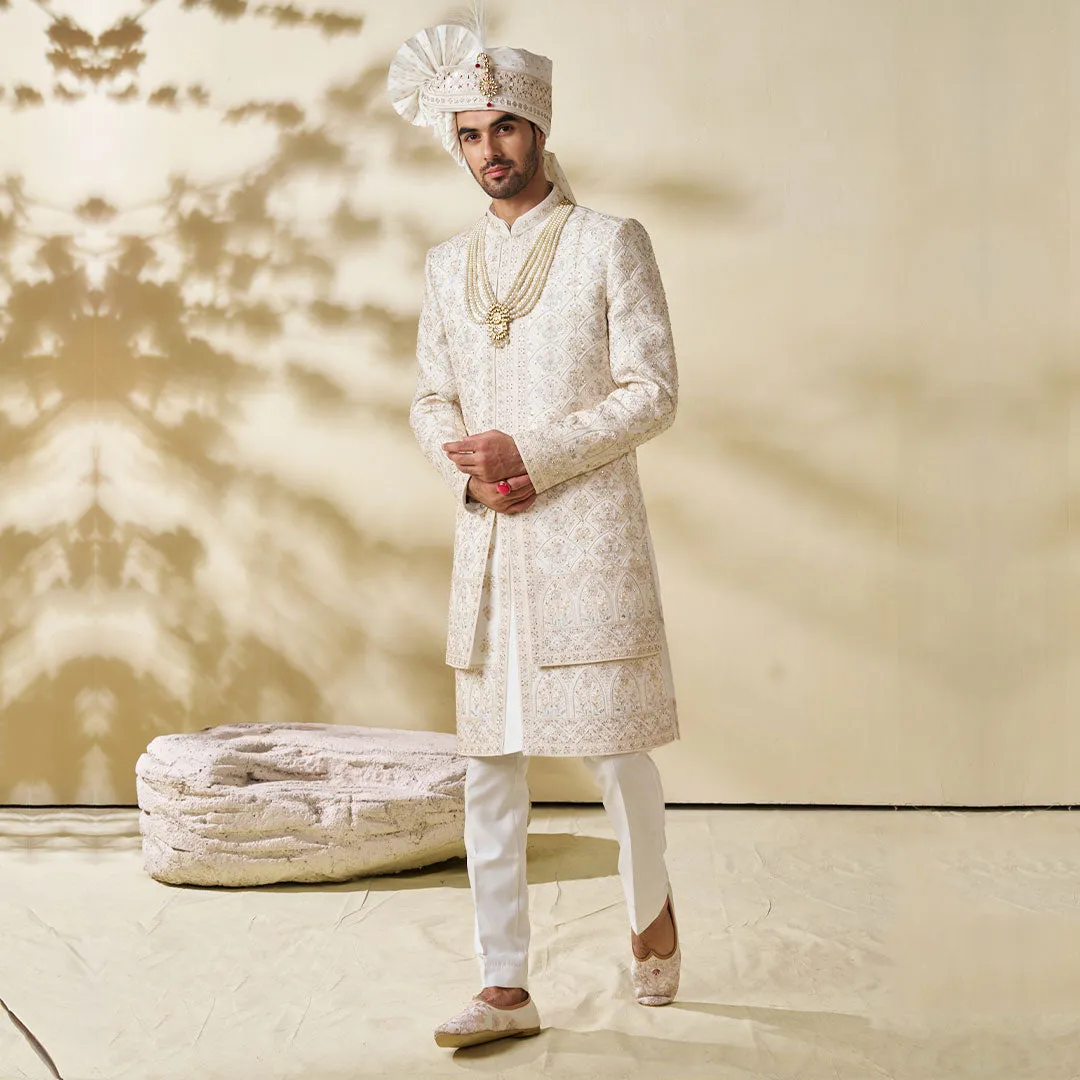 Classic Cream Sherwani with White Pajama