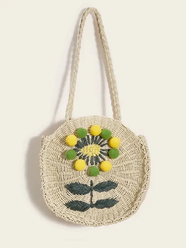 CM-BGS324515 Women Trendy Bohemian Style Pom-Pom Decor Braided Tote Bag - Beige