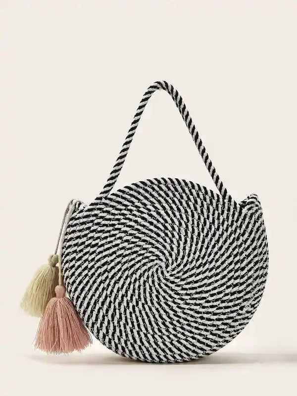 CM-BGS327736 Wpmen Casual Bohemian Style Tassel Detail Striped Satchel Bag - Black