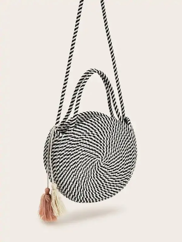 CM-BGS327736 Wpmen Casual Bohemian Style Tassel Detail Striped Satchel Bag - Black