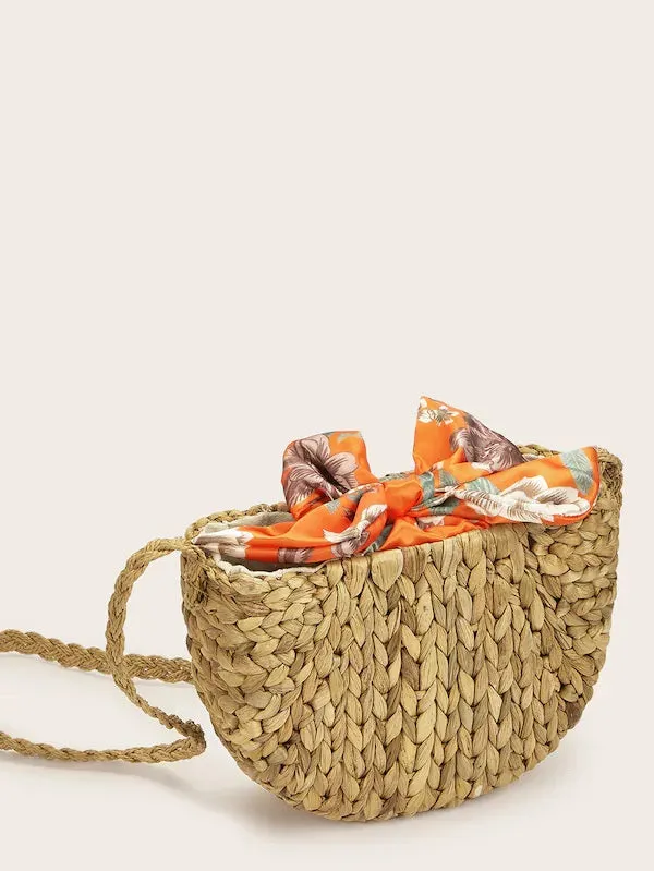 CM-BGS419623 Women Casual Bohemian Style Bow Tie Decor Braided Bag - Khaki
