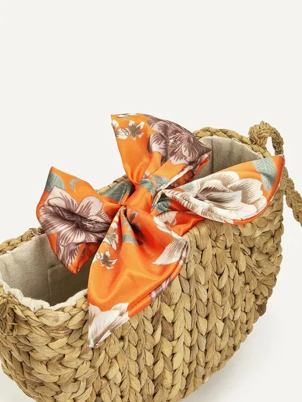 CM-BGS419623 Women Casual Bohemian Style Bow Tie Decor Braided Bag - Khaki