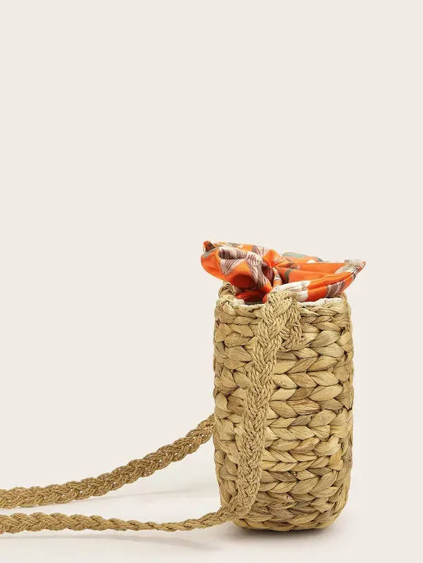CM-BGS419623 Women Casual Bohemian Style Bow Tie Decor Braided Bag - Khaki