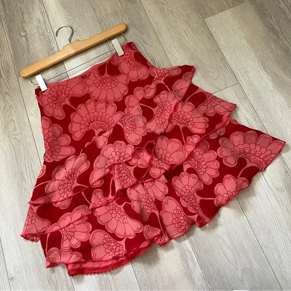 Coast Silk Skirt floral ruffle tiered mini womens Red size 10 coquette feminine