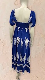 Cobalt Blue & White Bohemian Maxi Dress with Pockets