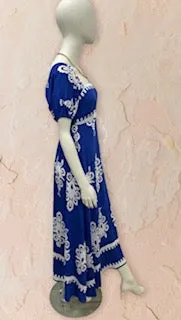 Cobalt Blue & White Bohemian Maxi Dress with Pockets