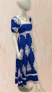 Cobalt Blue & White Bohemian Maxi Dress with Pockets