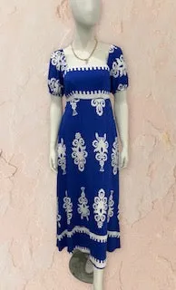 Cobalt Blue & White Bohemian Maxi Dress with Pockets