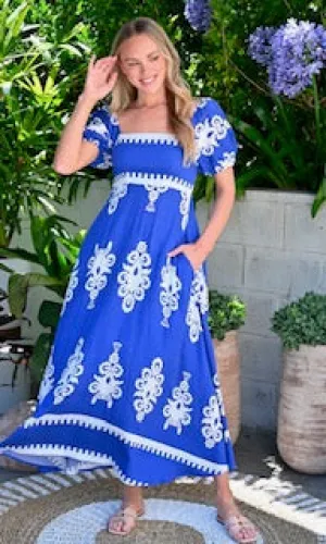 Cobalt Blue & White Bohemian Maxi Dress with Pockets