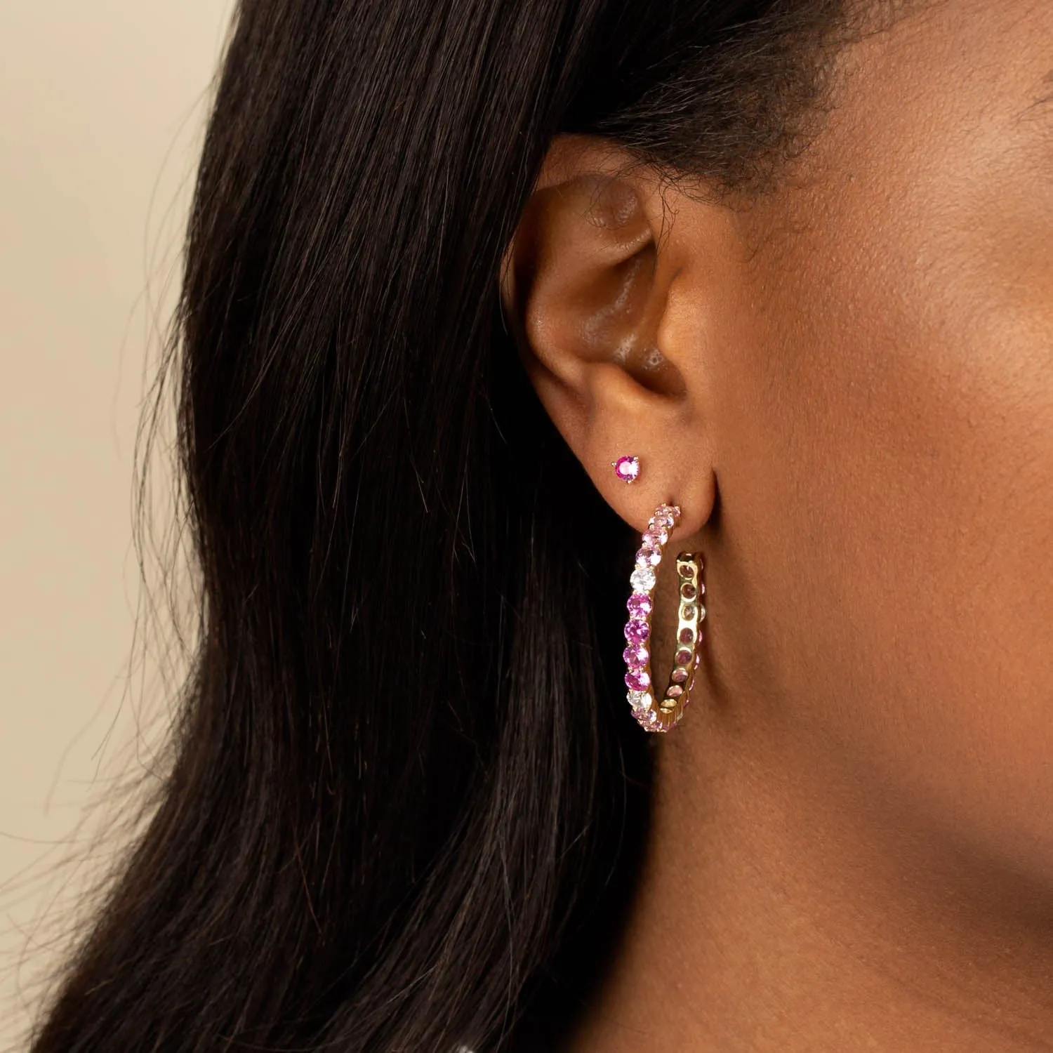 Colored Round Stone Hoop Earring