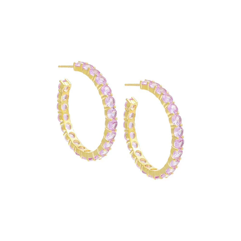 Colored Round Stone Hoop Earring